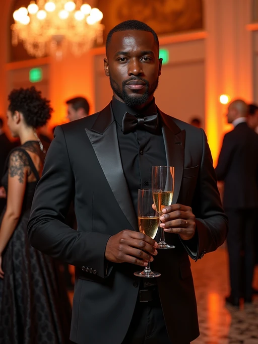 model at the exclusive Met Gala cocktail hour in the museum's Great Hall, wearing if(gender=f){a dramatic high-fashion gown with innovative materials} if(gender=m){a cutting-edge designer suit with artistic flair}, champagne flutes and elaborate event décor with this year's theme