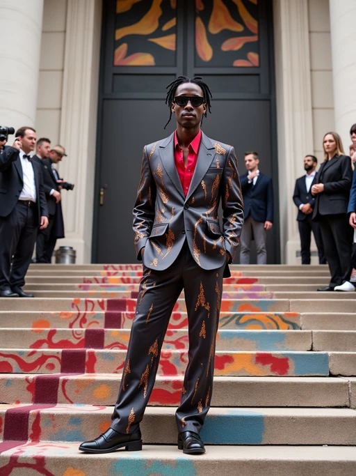 model posing on the iconic Met steps decorated for the gala, wearing if(gender=f){a breathtaking haute couture dress with elaborate train} if(gender=m){a fashion-forward suit with artistic elements}, surrounded by photographers and fashion elite, Met Gala signage and red carpet visible