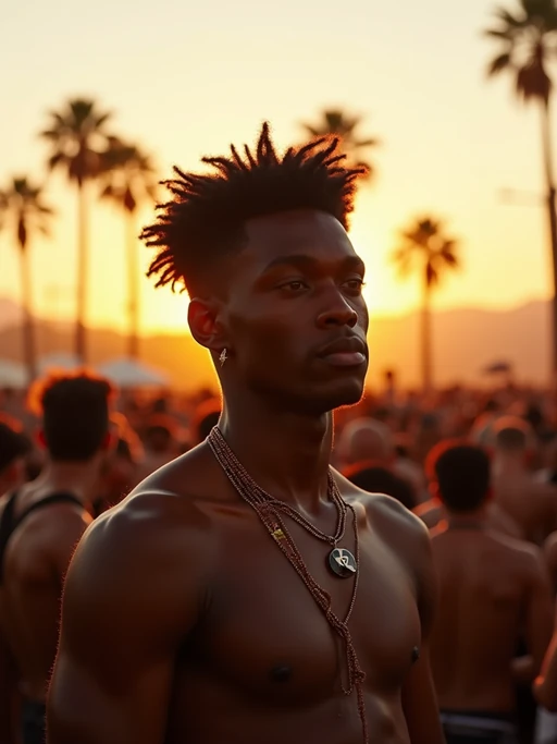 a stunning model surrounded by if(gender=f){a group of friends} if(gender=m){a crowd of festival-goers}, capturing the sense of community and celebration at Coachella as the sun sets over the palm trees