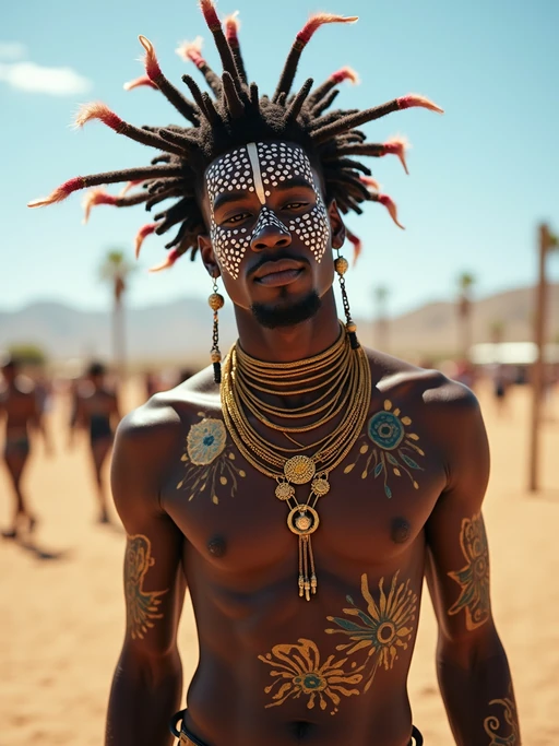 a model with if(gender=f){glittery makeup and body paint} if(gender=m){bold face and body art}, capturing the artistic expression that defines Coachella, with desert landscape in the background