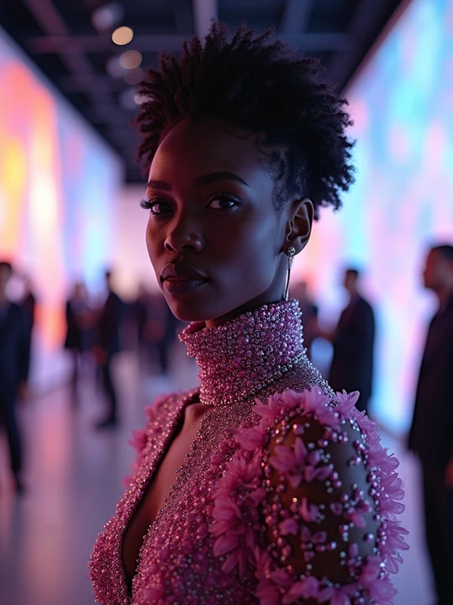 model in the themed exhibition space specially opened for the Met Gala, wearing if(gender=f){a futuristic haute couture ensemble with technological elements} if(gender=m){a forward-thinking formal look with innovative materials}, curated art displays with special event lighting