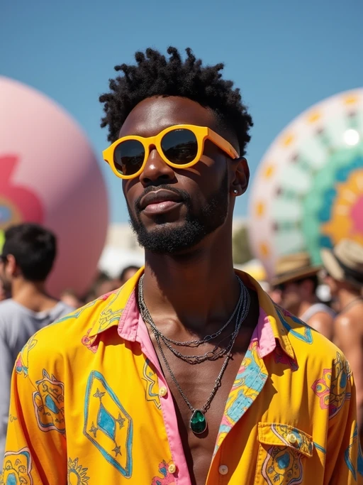a stunning model in if(gender=f){a tie-dye jumpsuit and statement accessories} if(gender=m){a vibrant button-up shirt and funky sunglasses}, capturing their eclectic Coachella look against the backdrop of art installations