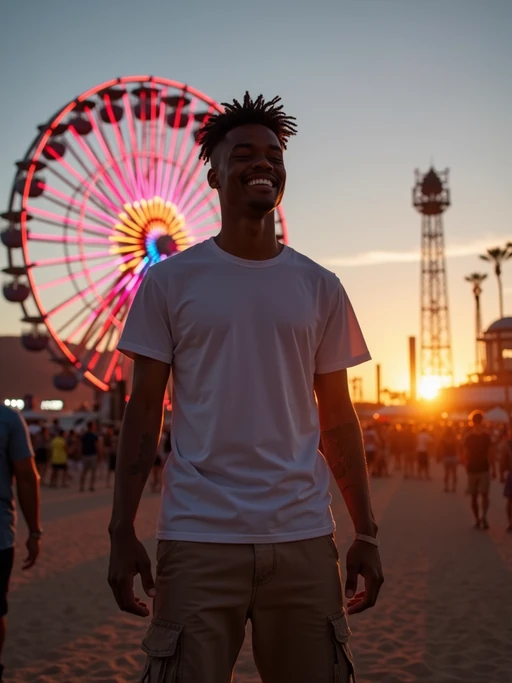 a model in if(gender=f){a flowy bohemian skirt and crop top} if(gender=m){a t-shirt and cargo pants}, capturing their infectious energy and enthusiasm at Coachella, with the iconic ferris wheel glowing at dusk