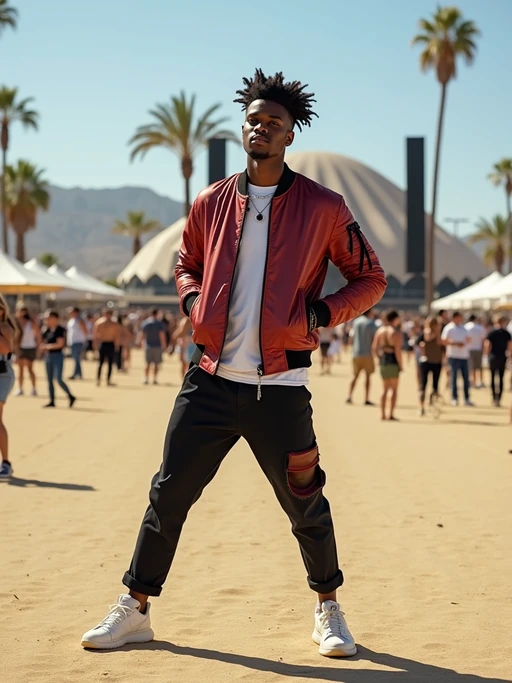 a model in if(gender=f){a bohemian jumpsuit and a wide-brimmed hat} if(gender=m){a cool bomber jacket and sneakers}, striking a pose in front of the Coachella stage, with palm trees and desert landscape visible