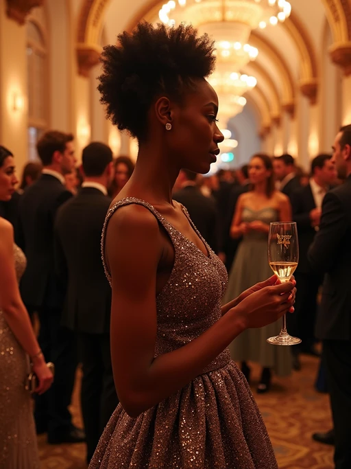 model at the exclusive Met Gala cocktail hour in the museum's Great Hall, wearing if(gender=f){a dramatic high-fashion gown with innovative materials} if(gender=m){a cutting-edge designer suit with artistic flair}, champagne flutes and elaborate event décor with this year's theme
