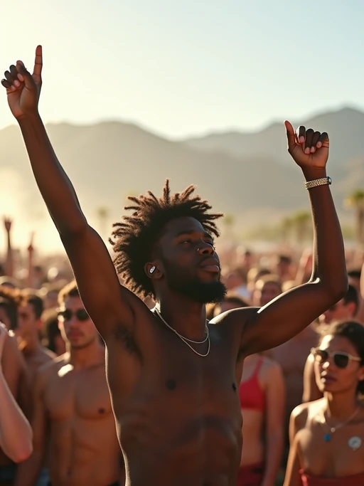 a model enjoying live music on a sunny day at Coachella, surrounded by if(gender=f){colorful festival-goers} if(gender=m){energetic fans} and raising their hands in excitement, with desert mountains in the distance