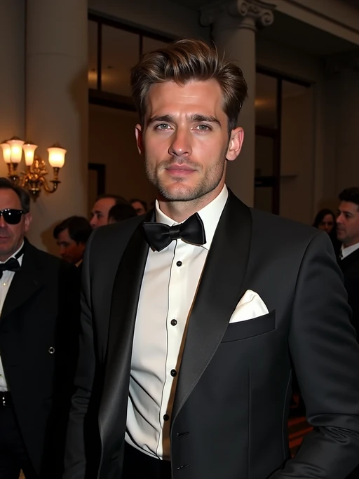 model departing the Met Gala in a luxury vehicle, wearing if(gender=f){a glamorous after-party look with statement jewelry} if(gender=m){a refined evening ensemble with subtle luxury details}, paparazzi and fans outside the Metropolitan Museum with event lighting visible