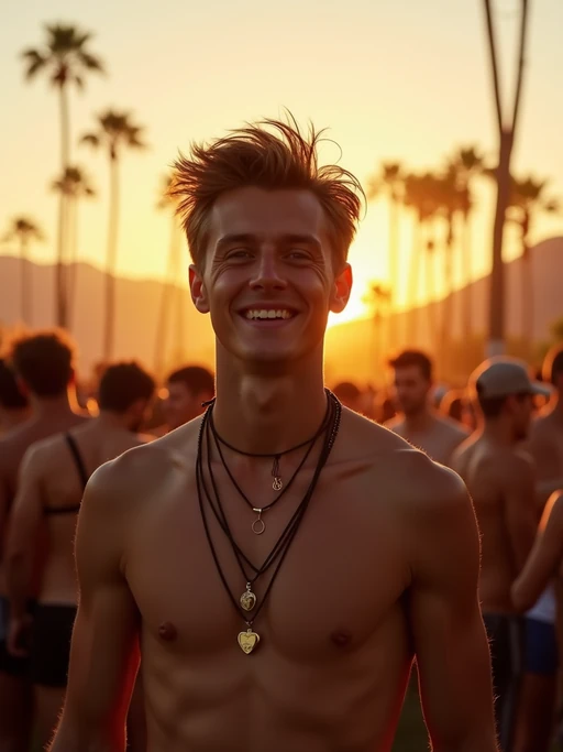 a stunning model surrounded by if(gender=f){a group of friends} if(gender=m){a crowd of festival-goers}, capturing the sense of community and celebration at Coachella as the sun sets over the palm trees