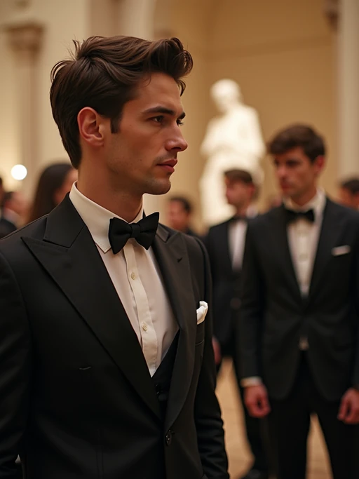 model interacting with famous fashion designers in the Met's European sculpture court, wearing if(gender=f){a custom-made gown showcasing atelier craftsmanship} if(gender=m){a bespoke suit demonstrating sartorial excellence}, museum space transformed with gala decorations