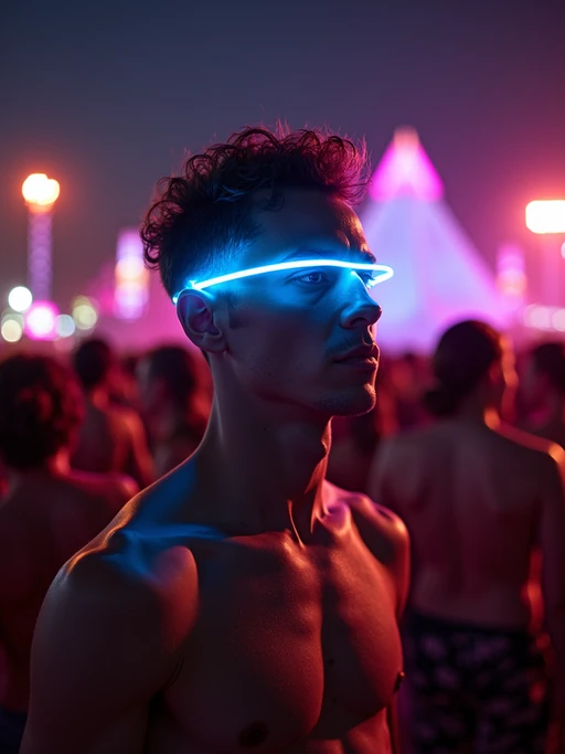 a model with if(gender=f){colorful festival makeup} if(gender=m){glowing LED accessories}, standing out in the Coachella crowd at night with stage lights illuminating the scene
