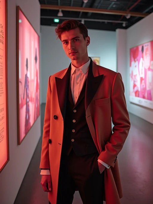 model in the themed exhibition space specially opened for the Met Gala, wearing if(gender=f){a futuristic haute couture ensemble with technological elements} if(gender=m){a forward-thinking formal look with innovative materials}, curated art displays with special event lighting