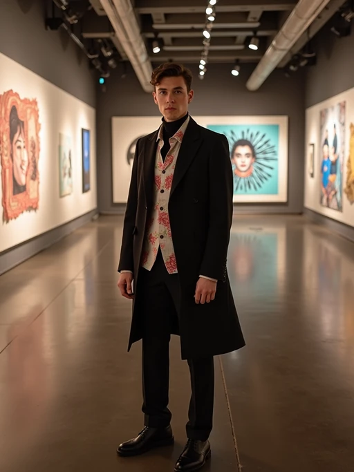 model in the themed exhibition space specially opened for the Met Gala, wearing if(gender=f){a futuristic haute couture ensemble with technological elements} if(gender=m){a forward-thinking formal look with innovative materials}, curated art displays with special event lighting