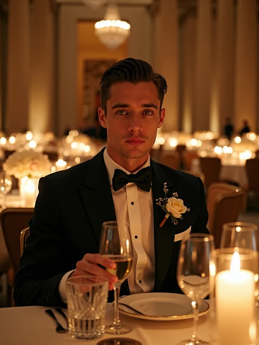 model dining at the lavish Met Gala dinner in the Temple of Dendur, wearing if(gender=f){an opulent evening dress with theatrical elements} if(gender=m){a refined tuxedo with creative details}, elaborate floral centerpieces and candlelit tables arranged throughout the museum space