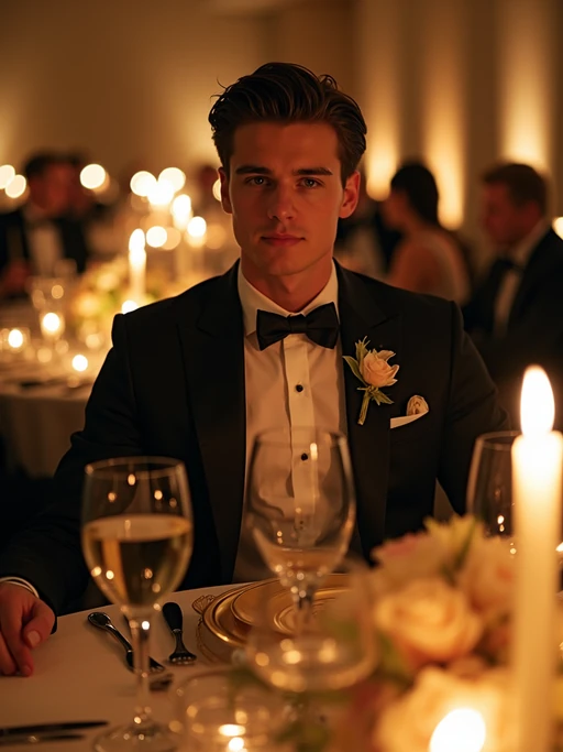 model dining at the lavish Met Gala dinner in the Temple of Dendur, wearing if(gender=f){an opulent evening dress with theatrical elements} if(gender=m){a refined tuxedo with creative details}, elaborate floral centerpieces and candlelit tables arranged throughout the museum space
