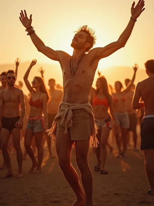 a model in a Coachella-inspired outfit, dancing with if(gender=f){a group of friends} if(gender=m){a crowd of fellow festival-goers}, capturing the energetic atmosphere of the main stage at sunset