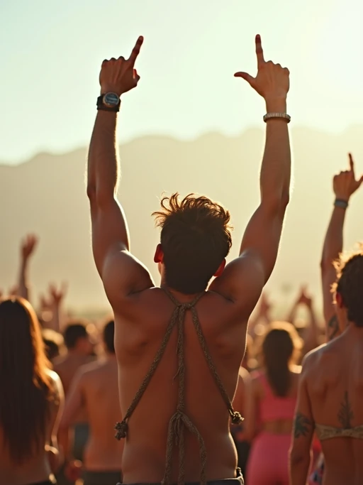 a model enjoying live music on a sunny day at Coachella, surrounded by if(gender=f){colorful festival-goers} if(gender=m){energetic fans} and raising their hands in excitement, with desert mountains in the distance