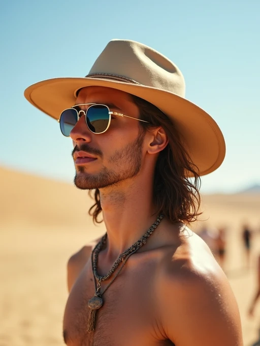a stunning model with if(gender=f){flowing curly hair and flower accessories} if(gender=m){a stylish hat and sunglasses}, capturing the essence of Coachella fashion in the California desert