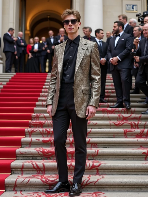 model posing on the iconic Met steps decorated for the gala, wearing if(gender=f){a breathtaking haute couture dress with elaborate train} if(gender=m){a fashion-forward suit with artistic elements}, surrounded by photographers and fashion elite, Met Gala signage and red carpet visible