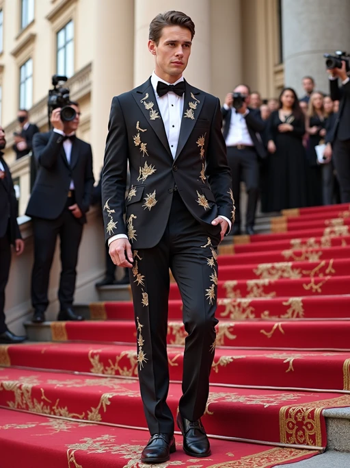 model posing on the iconic Met steps decorated for the gala, wearing if(gender=f){a breathtaking haute couture dress with elaborate train} if(gender=m){a fashion-forward suit with artistic elements}, surrounded by photographers and fashion elite, Met Gala signage and red carpet visible