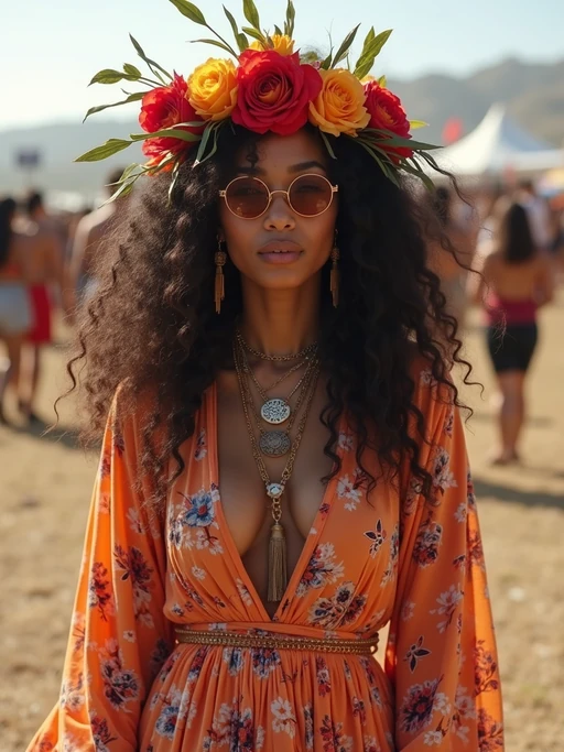 a stunning model in if(gender=f){a flowy kimono and flower crown} if(gender=m){a leather jacket and bandana}, embodying the fusion of bohemian and rock styles that define Coachella fashion