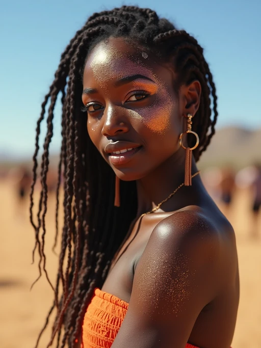 a model with if(gender=f){glittery makeup and body paint} if(gender=m){bold face and body art}, capturing the artistic expression that defines Coachella, with desert landscape in the background