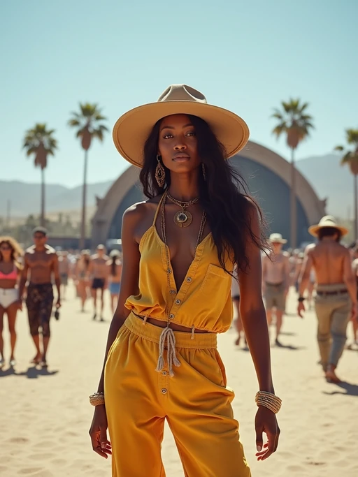 a model in if(gender=f){a bohemian jumpsuit and a wide-brimmed hat} if(gender=m){a cool bomber jacket and sneakers}, striking a pose in front of the Coachella stage, with palm trees and desert landscape visible