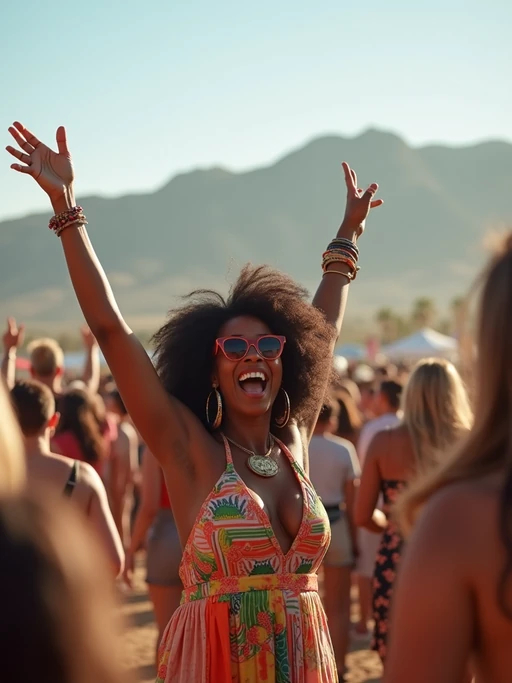 a model enjoying live music on a sunny day at Coachella, surrounded by if(gender=f){colorful festival-goers} if(gender=m){energetic fans} and raising their hands in excitement, with desert mountains in the distance