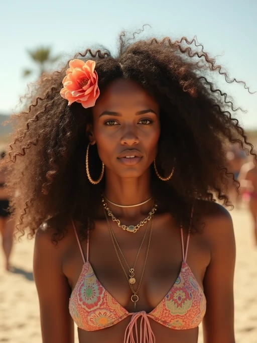a stunning model with if(gender=f){flowing curly hair and flower accessories} if(gender=m){a stylish hat and sunglasses}, capturing the essence of Coachella fashion in the California desert