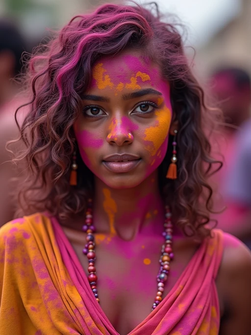 a model in if(gender=f){a traditional outfit now barely recognizable under layers of Holi colors} if(gender=m){simple clothes now completely transformed by festival powders}, embodying the playful culture of Holi where everyone becomes a canvas