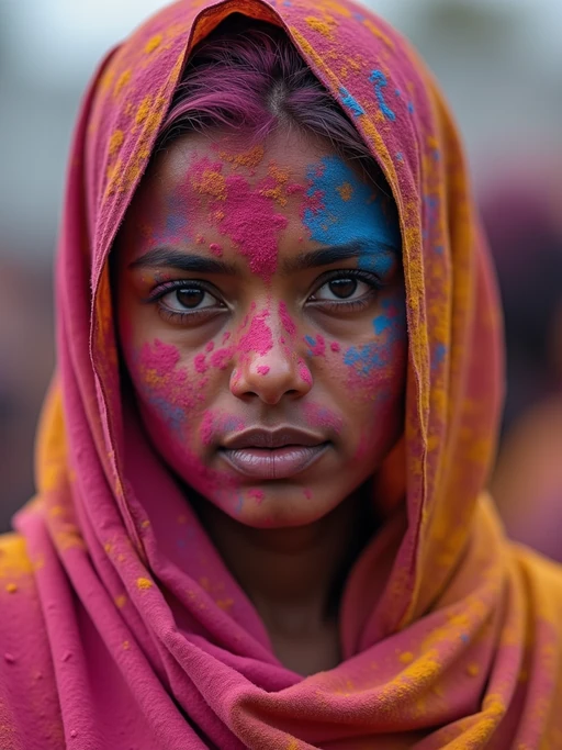 a model in if(gender=f){a traditional outfit now barely recognizable under layers of Holi colors} if(gender=m){simple clothes now completely transformed by festival powders}, embodying the playful culture of Holi where everyone becomes a canvas