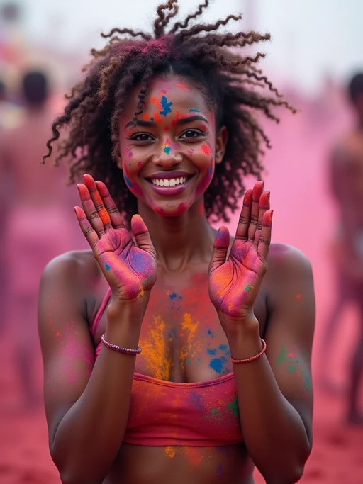 a model with if(gender=f){hands and face painted with intricate Holi color patterns} if(gender=m){arms raised in celebration covered in colorful powders}, standing out in the festival crowd with vibrant color clouds surrounding them