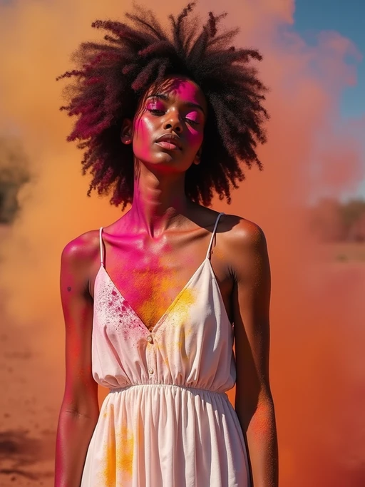 a stunning model in if(gender=f){a simple white dress now splashed with Holi colors} if(gender=m){white clothes now stained with festival pigments}, embodying the transformation and renewal symbolism of the Holi festival