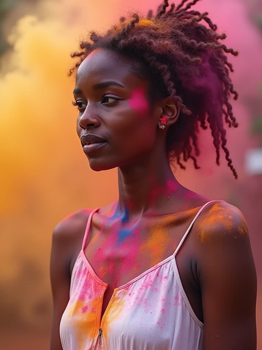 a stunning model in if(gender=f){a simple white dress now splashed with Holi colors} if(gender=m){white clothes now stained with festival pigments}, embodying the transformation and renewal symbolism of the Holi festival