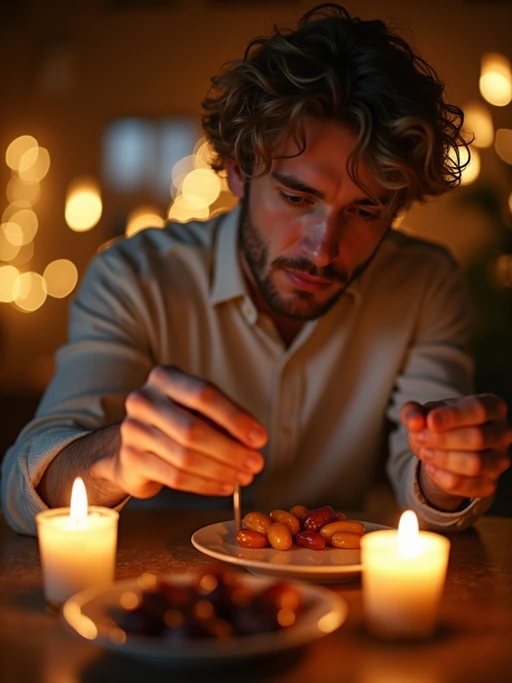 a model with if(gender=f){a serene expression while reading Quran in a beautifully decorated space} if(gender=m){a contemplative look while arranging dates for iftar}, adding a spiritual quality to their Ramadan observance, with soft golden lights and crescent moon decorations visible in the background