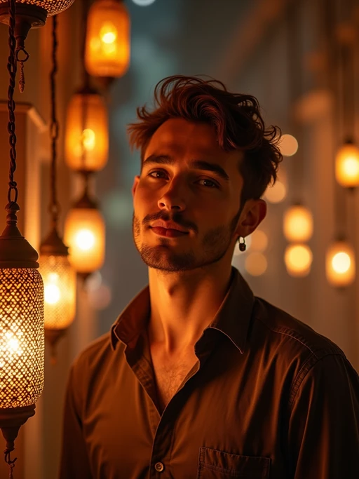 a stunning model surrounded by if(gender=f){beautiful Ramadan decorations and candles} if(gender=m){traditional lanterns and Islamic art}, capturing the sense of peace and spiritual connection during the holy month
