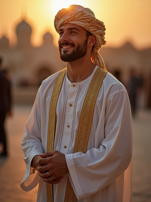 a stunning model in if(gender=f){a festive modest outfit for Eid celebrations} if(gender=m){traditional Eid attire}, embodying the joy and gratitude at the culmination of Ramadan