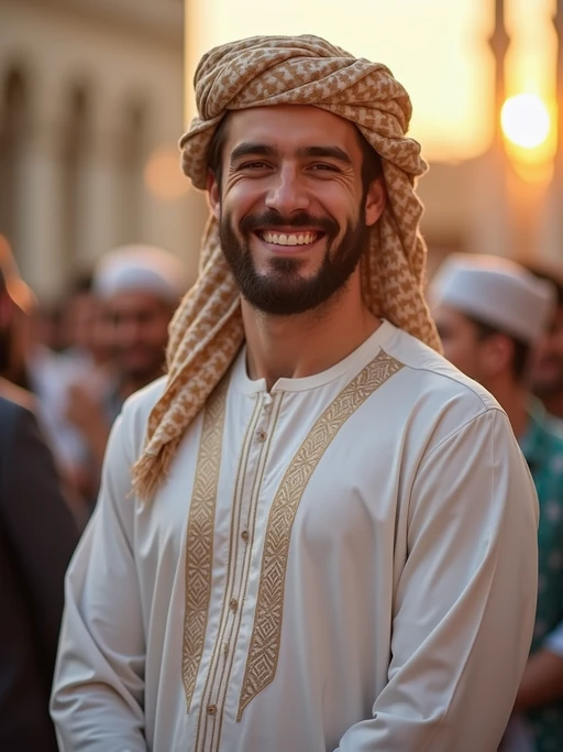 a stunning model in if(gender=f){a festive modest outfit for Eid celebrations} if(gender=m){traditional Eid attire}, embodying the joy and gratitude at the culmination of Ramadan