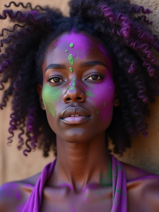 a stunning model with if(gender=f){hair and face decorated with purple and green Holi colors} if(gender=m){face and arms covered in red and blue Holi powders}, capturing the essence of this ancient Hindu celebration