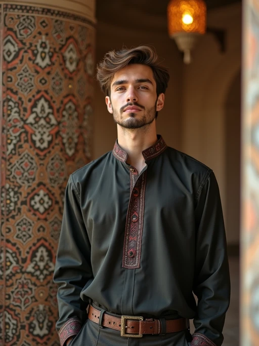 a stunning model in if(gender=f){a modern modest outfit with traditional elements} if(gender=m){contemporary modest fashion with traditional touches}, capturing their serene look against a backdrop of Islamic geometric patterns and Ramadan decorations