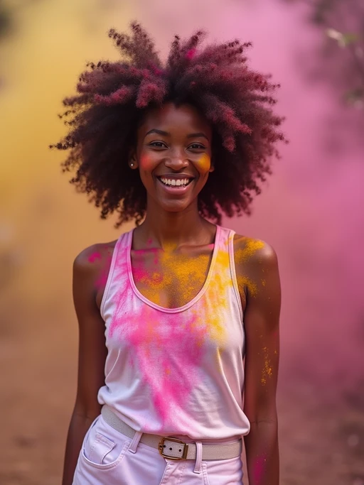 a model in if(gender=f){a simple white outfit now stained with colorful Holi powders} if(gender=m){a white shirt now covered with vibrant Holi colors}, embodying the free-spirited and joyful nature of the festival of colors