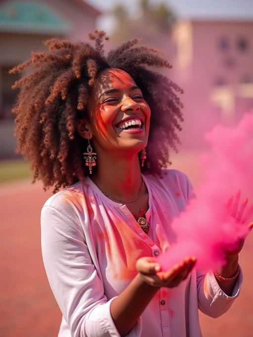 a stunning model celebrating Holi festival, covered in vibrant colored powders, wearing if(gender=f){a white traditional kurta} if(gender=m){a white traditional kurta}, joyfully throwing colorful powder in the air against a festive background