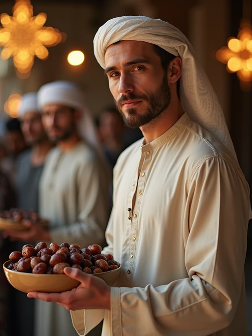 a model in traditional attire during Ramadan, sharing if(gender=f){homemade sweets with family} if(gender=m){dates and food with guests}, capturing the generous and community spirit of the holy month