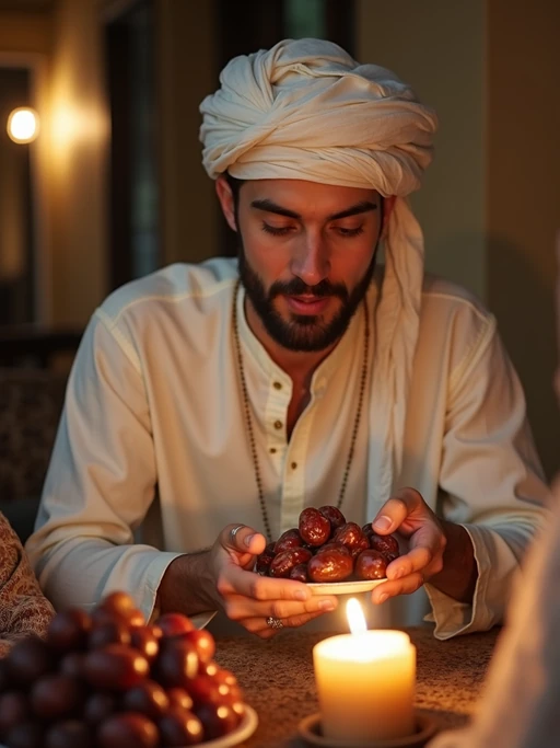 a model in traditional attire during Ramadan, sharing if(gender=f){homemade sweets with family} if(gender=m){dates and food with guests}, capturing the generous and community spirit of the holy month