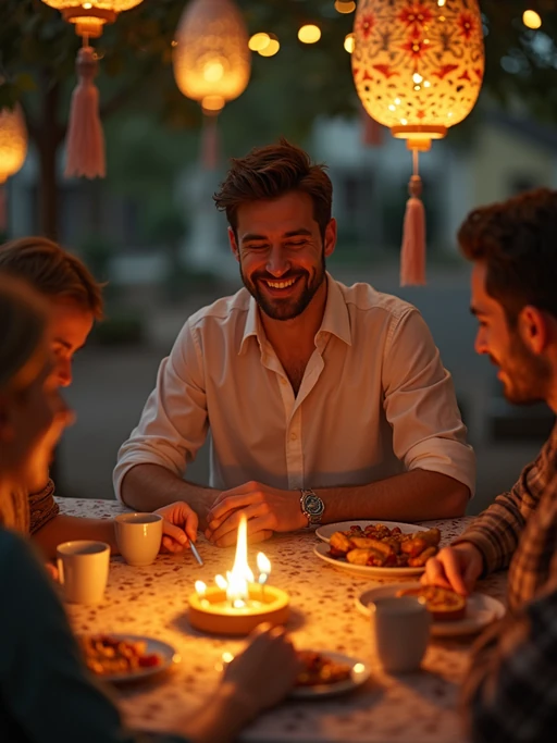 a model enjoying Ramadan festivities in the evening, surrounded by if(gender=f){family members preparing iftar} if(gender=m){friends gathering for breaking fast}, with a table full of traditional foods and sweet treats