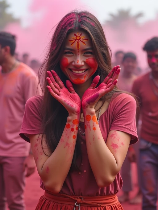 a model with if(gender=f){hands and face painted with intricate Holi color patterns} if(gender=m){arms raised in celebration covered in colorful powders}, standing out in the festival crowd with vibrant color clouds surrounding them