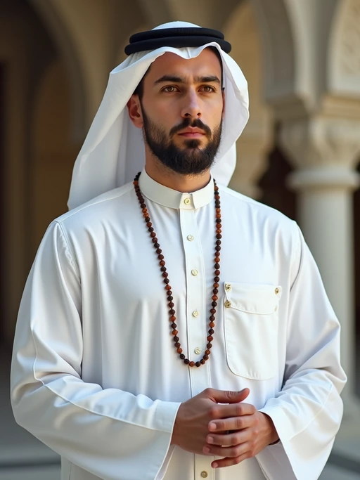 a model in if(gender=f){a modest festive outfit with embroidered details} if(gender=m){a crisp white thobe with subtle embellishments}, embodying the peaceful and reflective nature of Ramadan, with prayer beads in hand