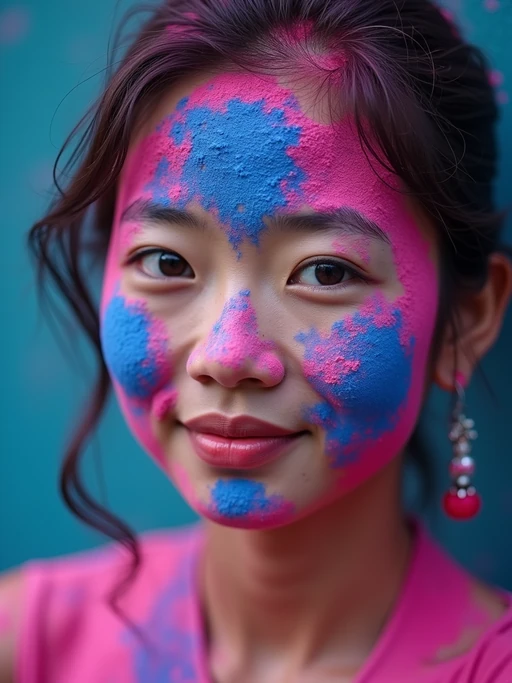 a model with if(gender=f){face artistically covered in blue and pink Holi powders} if(gender=m){face and chest decorated with red and yellow festival colors}, capturing the artistic expression that defines this ancient celebration