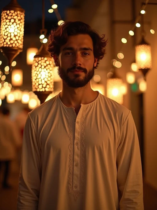 a stunning model celebrating Ramadan, surrounded by traditional lanterns and fairy lights, wearing if(gender=f){a beautiful modest outfit with elegant hijab} if(gender=m){a traditional thobe or kurta}, with crescent moon decorations in the background