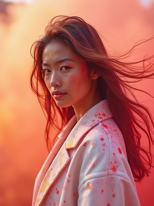 a stunning model in if(gender=f){a white outfit now transformed by the colors of Holi} if(gender=m){traditional clothes now painted with festival colors}, capturing their eclectic and vibrant look against a backdrop of color explosions