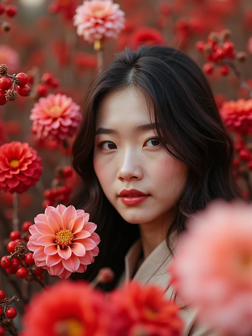 a stunning model surrounded by if(gender=f){beautiful New Year flowers and plants} if(gender=m){traditional decorations and symbols}, capturing the sense of renewal and family connection during the Spring Festival